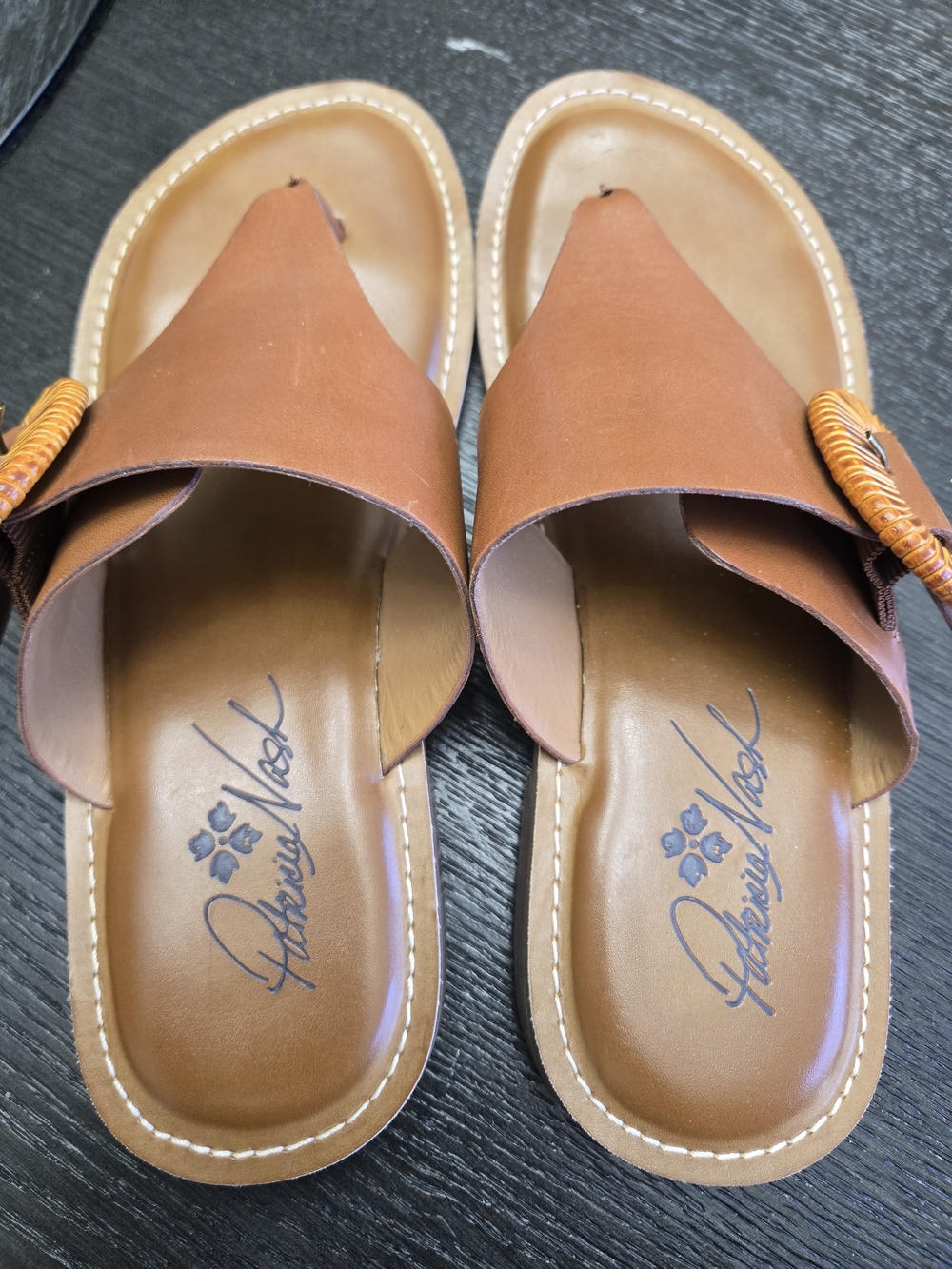 Patricia Nash Cognac Leather Thong Sandals with Woven Buckle - Picture 3 of 4
